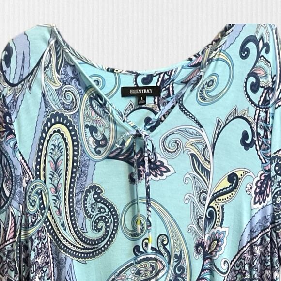 Ellen Tracy Dress Women's Size L Turquoise Blue Paisley Print Short Sleeve Mini - Picture 3 of 6